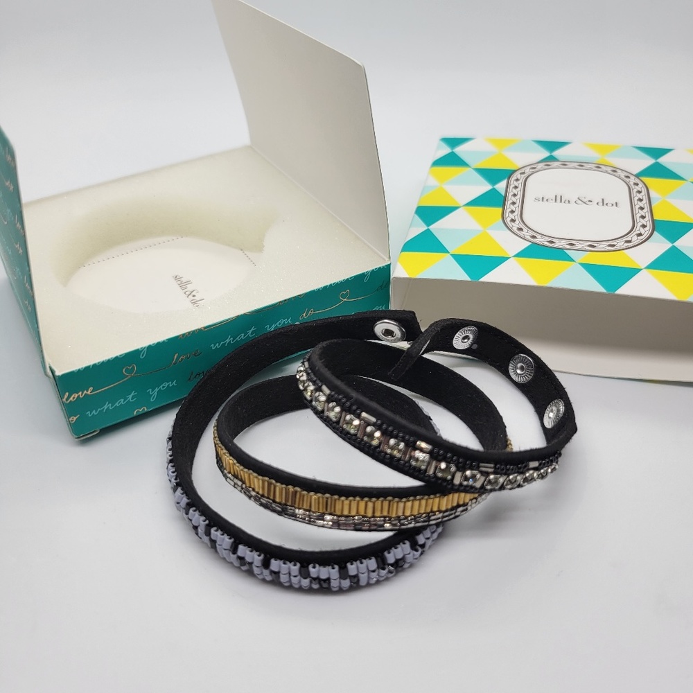 Stella & Dot Emma Triple Wrap Bracelet New Gold Silver White Beads Black Band
